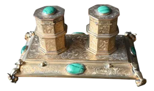 Antique Gilt Bronze and Malachite Inkwell, 19th Century