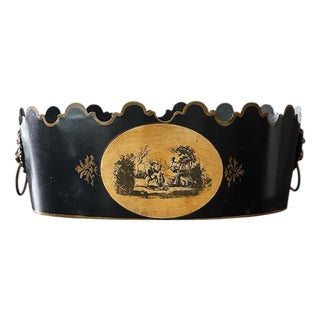 Vintage Large Italian Black & Gilt Monteith Style Tole Scalloped Cache Pot / Jardinere / Planter With English Regency Pastoral Scenes For Sale