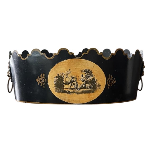 Vintage Large Italian Black & Gilt Monteith Style Tole Scalloped Cache Pot / Jardinere / Planter With English Regency Pastoral Scenes For Sale