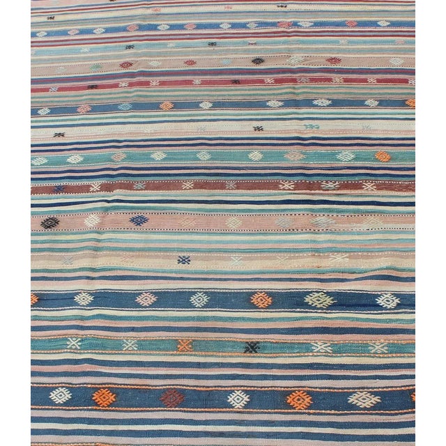 Mid 20th Century Colorful Vintage Turkish Kilim Rug With Horizontal Stripes and Tribal Designs For Sale - Image 4 of 12