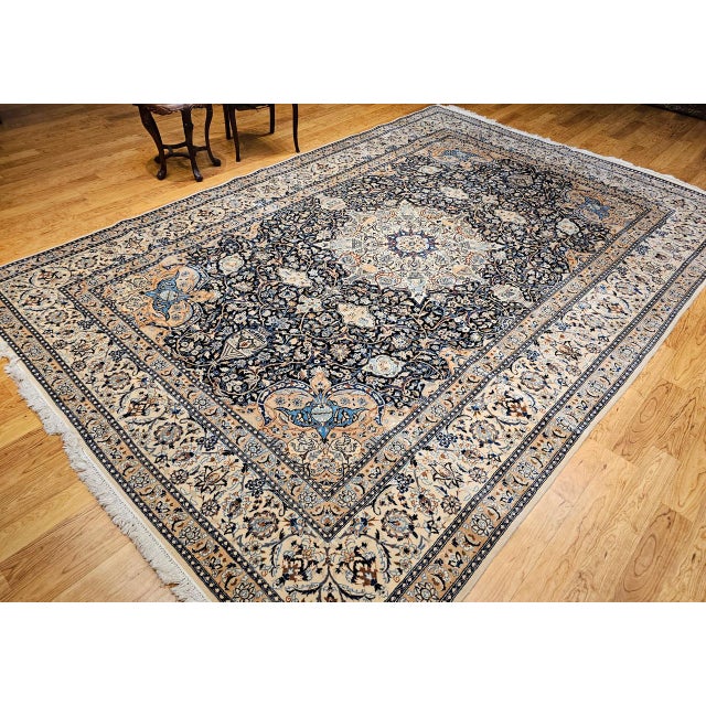 Persian Vintage Persian Nain Area Rug, Hand-Knotted Wool & Silk, Floral Pattern, 9x13, Navy & Ivory For Sale - Image 3 of 18