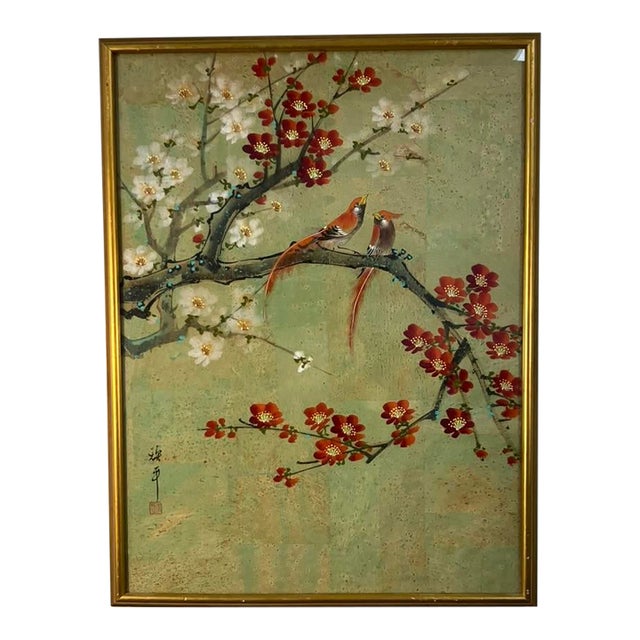 Teng Ping Cork Painting – Birds and Blossoms, Mid-Century Asian Decorative Art For Sale