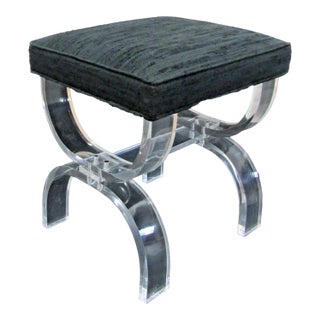 Vintage Lucite and Black Upholstery Thick Curved Legs X-Style Vanity Stool For Sale