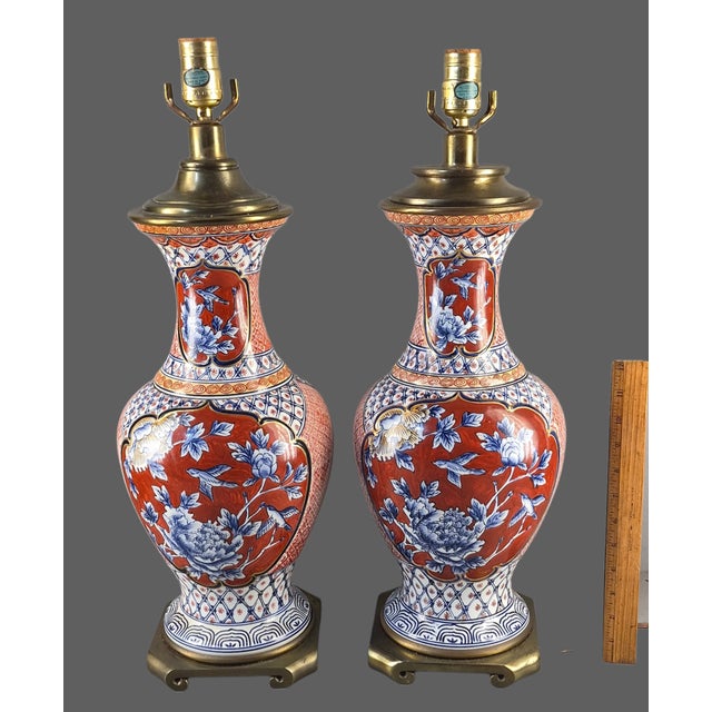 Vintage Table Lamps Floral Asian Japanese Imari Brass Base - a Pair For Sale - Image 10 of 17