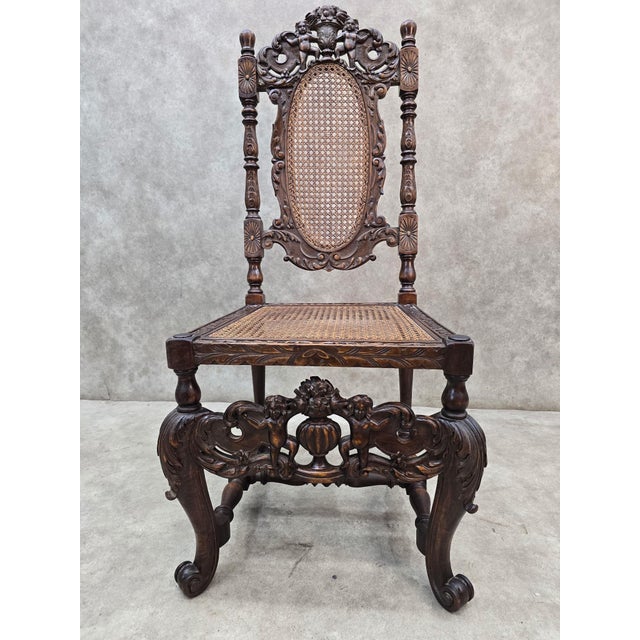 Brown Antique Jacobean Renaissance Revival Carved Oak Cane Throne Chairs - Pair For Sale - Image 8 of 12