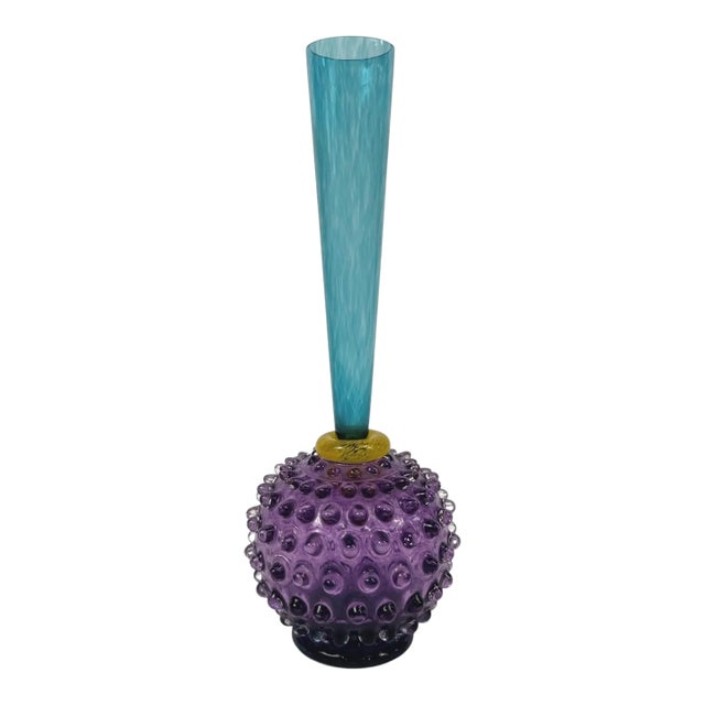 Late 20th Century Blue and Purple Hobnail Art Glass Bud Vase For Sale