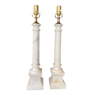 1960s Italian Column Neoclassic Alabaster Table Lamps - a Pair For Sale
