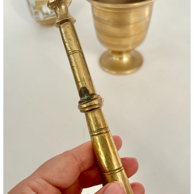 Brass Vintage Brass Pestle & Mortar Set – Large Antique Apothecary, Pharmacy For Sale - Image 8 of 9