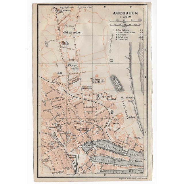 1910 map of Aberdeen, Scotland, United Kingdom from a British travelguide.