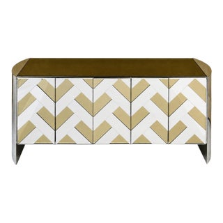 Mirrored Chevron Herringbone Credenza Attributed to Ello , Circa 1970's For Sale
