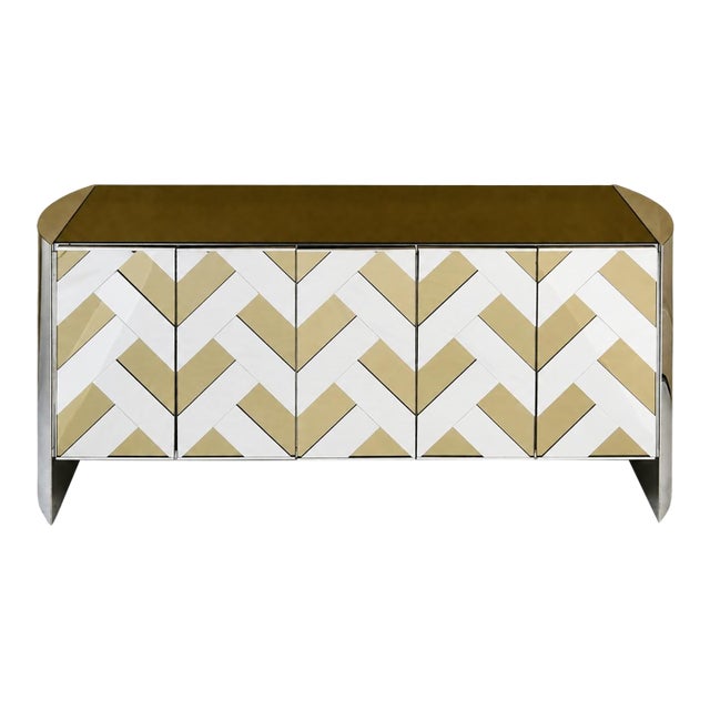 Mirrored Chevron Herringbone Credenza Attributed to Ello , Circa 1970's For Sale