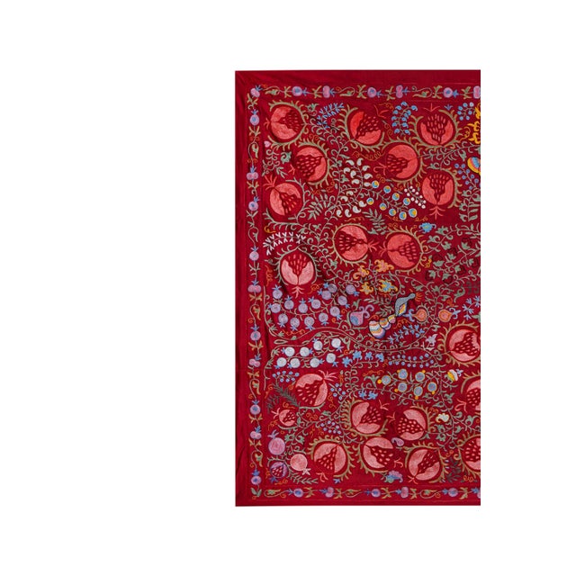 1960s Red Uzbek Suzani Textile – Pomegranate & Bird Motif Wall Hanging Decor 4'5'' X 6'6'' For Sale - Image 5 of 14