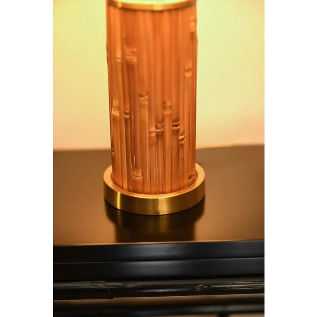 Table Lamp in the Rush and Brass with Fabric Lampshade, 1970s, in Flawless conditions. Designed 1970 to 1979 European Plug...