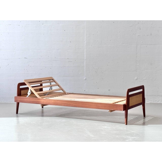 Beige Swiss Form Teak Bed with Rattan Weave, Switzerland, 1950s For Sale - Image 8 of 17