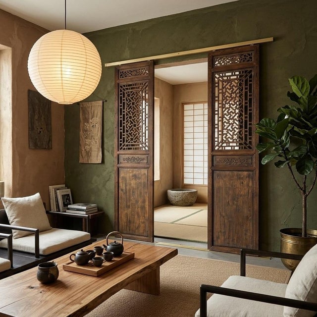 Pair Oriental Bats Floral Geometric Pattern Tall Wood Door Panel Screen For Sale - Image 9 of 11