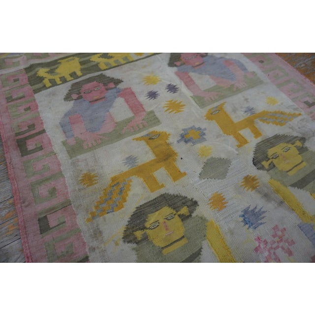 Early 20th Century 1930s Ivory Scene Pictoral Antique Indian Dhurrie Rug 4' X 7' Flat Weave Cotton Carpet For Sale - Image 5 of 6