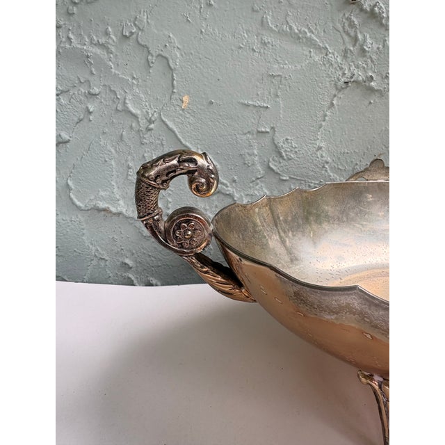 Vintage Silver-Plated Footed Jardiniere Centerpiece Bowl With Dragon Handles and Fleur-De-Lis Mounts For Sale - Image 4 of 12