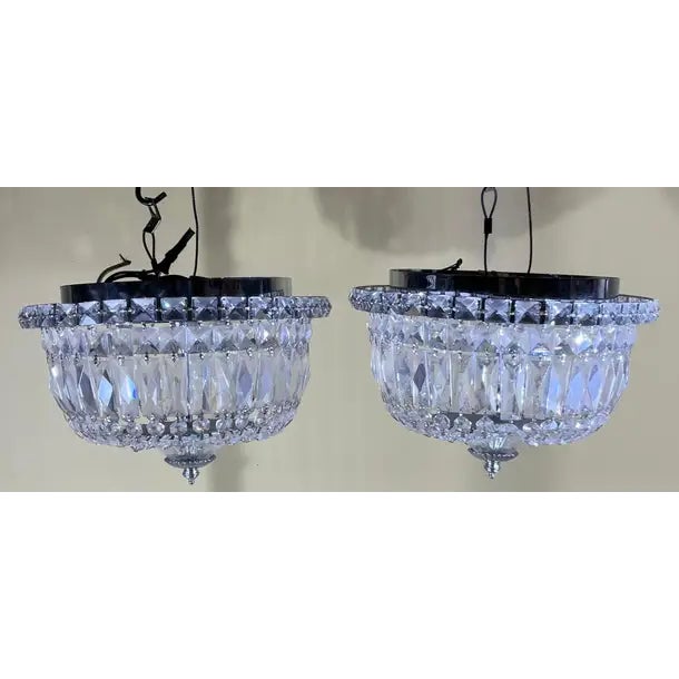 Contemporary Matching Pair of Vintage-Style Crystal Flush Mount Ceiling Lights / Chandelier For Sale - Image 3 of 14