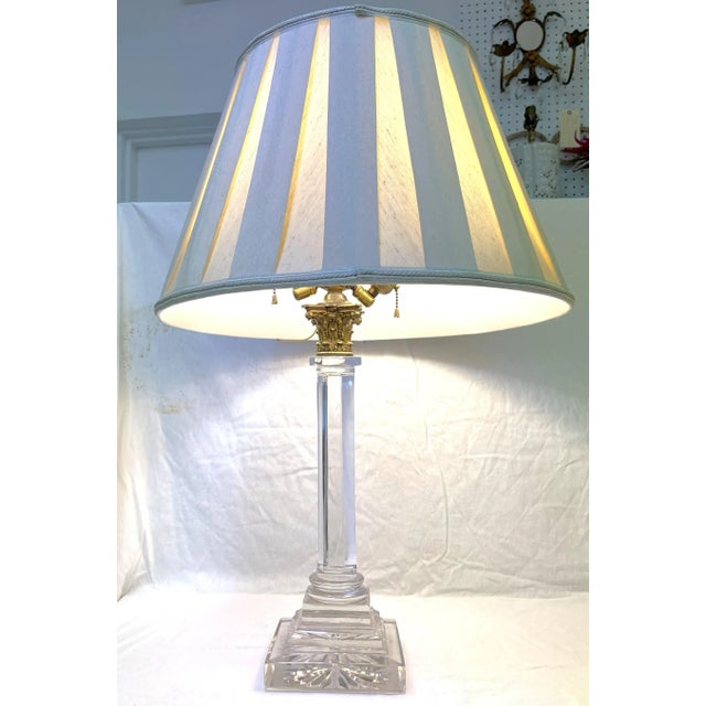 Antique Hollywood Regency Lead Crystal, Brass and Milk Glass Converted Gas Lamp For Sale - Image 12 of 12