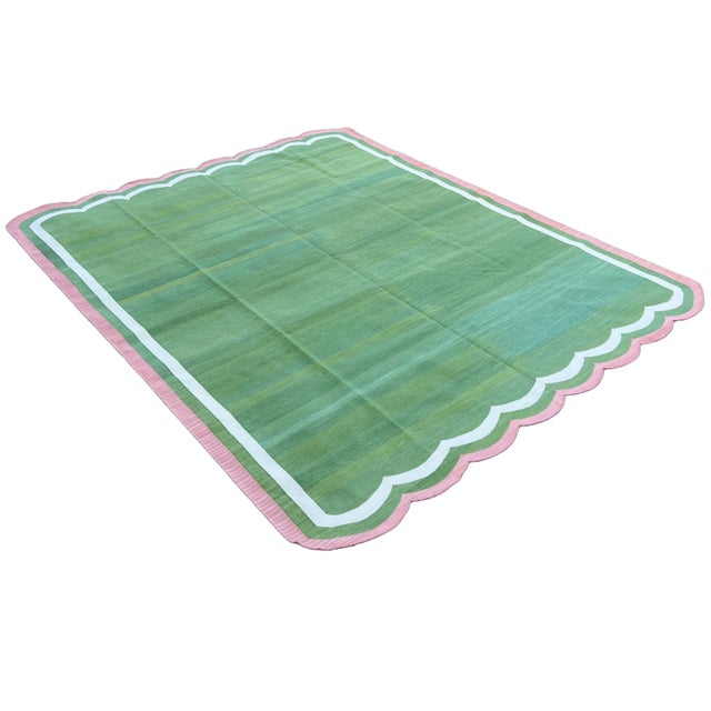 Contemporary Handwoven Cotton Area Rug Vegetable Dyed Forest Green and Pink Border Scalloped Dhurrie - 9'x12' For Sale - Image 3 of 10