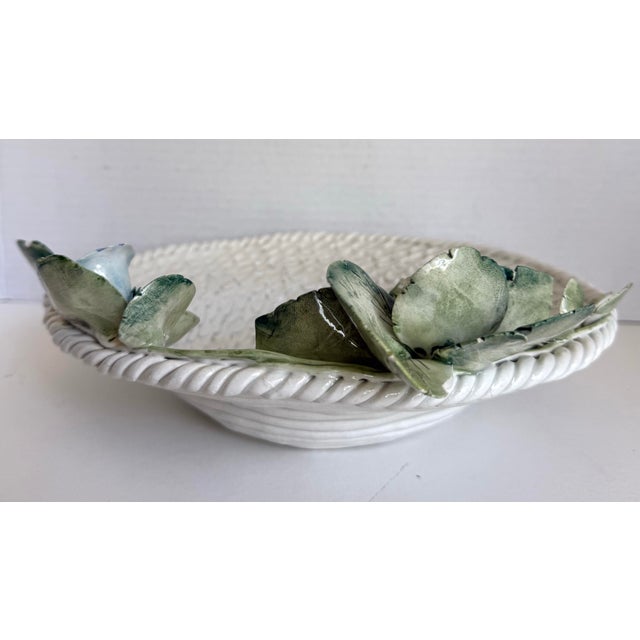 Vintage Italian Laveno Majolica Signed Bowl With Trompe L’Oeil Morning Glories For Sale - Image 11 of 14