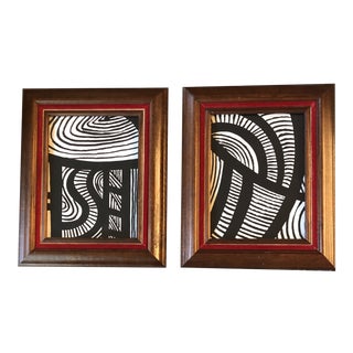 Gallery Wall Collection 2 Vintage Original Abstract Ink Drawings Vintage Frames -Set of 2 For Sale