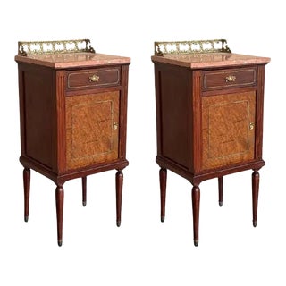 Pair of Italian Marquetry Nightstands With Bronze Crest, Drawers and Doors For Sale