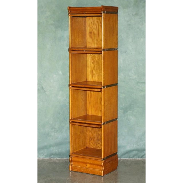 Antique Modular Honey Oak and Gilt Brass Stacking Bookcase with Glazed Retracting Doors For Sale - Image 14 of 18