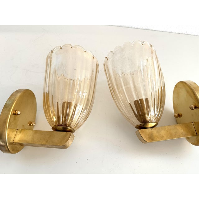 Italian Art Deco Style Brass and Murano Glass Wall Sconces, 1990s, Set of 2 For Sale - Image 11 of 12