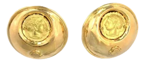 Woman Cameo Large Fancy 18k Yellow Gold Dome Earrings, 2 Pieces