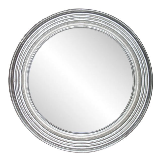 Round Neoclassical Style Hand-Carved Wooden Mirror in Silver For Sale