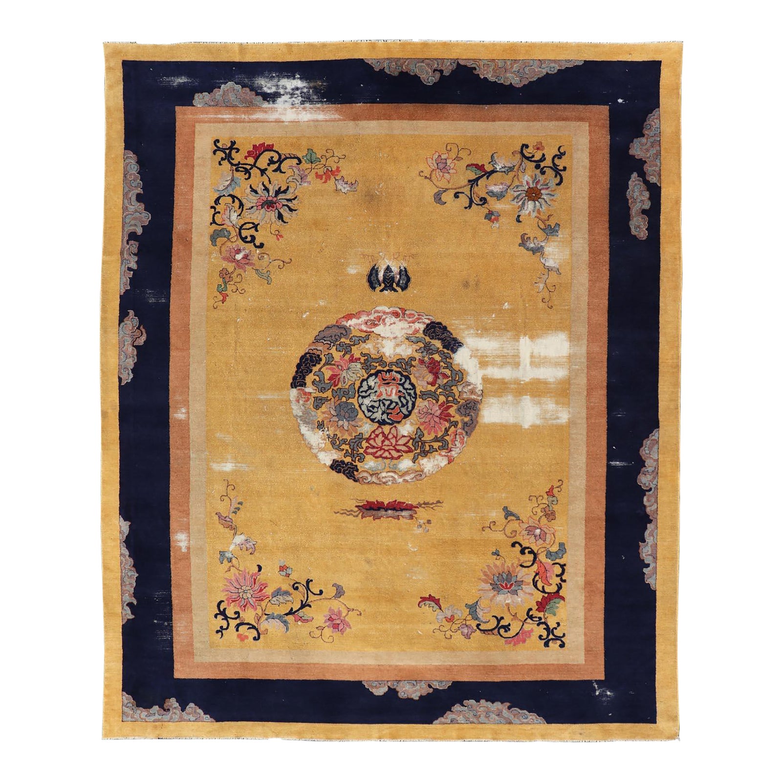 Chinese Art Deco Rug With Large Vining Flowers in Yellow and Blue