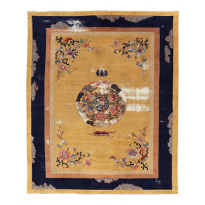 Chinese Art Deco Rug With Large Vining Flowers in Yellow and Blue 9'6 X 13'5
