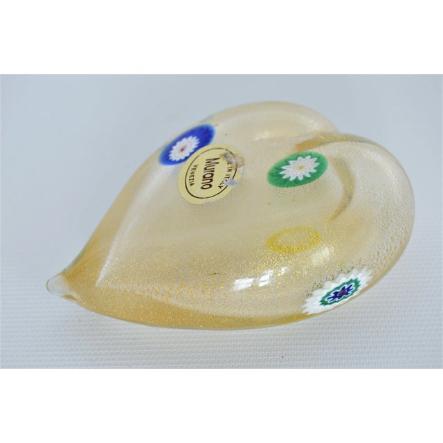 Mid-Century Modern Vintage Murano Glass Heart With Gold Aventurine and Murrines Paperweight - Signed For Sale - Image 3 of 10