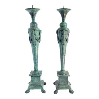 Vintage Maitland Smith Bronze Verdigris Tall Candle Holders - A Pair For Sale