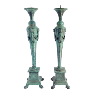 Vintage Maitland Smith Bronze Verdigris Tall Candle Holders - A Pair