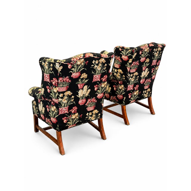 Wood Late 20th Century Black Floral Chinoiserie Wingback Armchairs — A Pair For Sale - Image 7 of 16