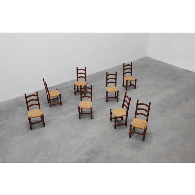 Mid-Century Brutalist Chairs in Wood and Wicker, Belgium, 1970s, Set of 8 For Sale - Image 11 of 17