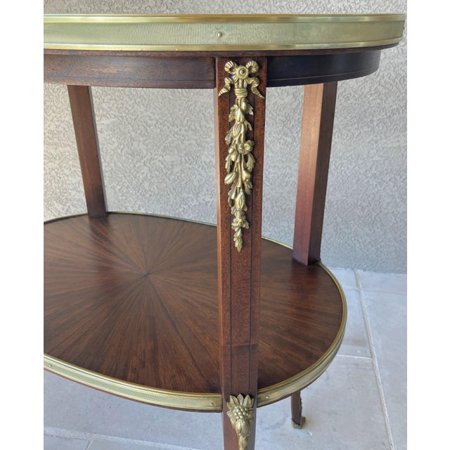 Circa 1930 Louis XVI-Style Mahogany Starburst Marquetry Two-Tier Oval Accent Table With Brass Mounts For Sale - Image 13 of 18