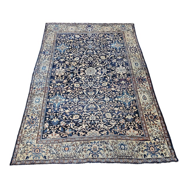 19th Century Persian Ziegler Mahal Sultanabad, Handwoven All-Over Pattern, Navy & Ivory, 9’ X 12’ For Sale