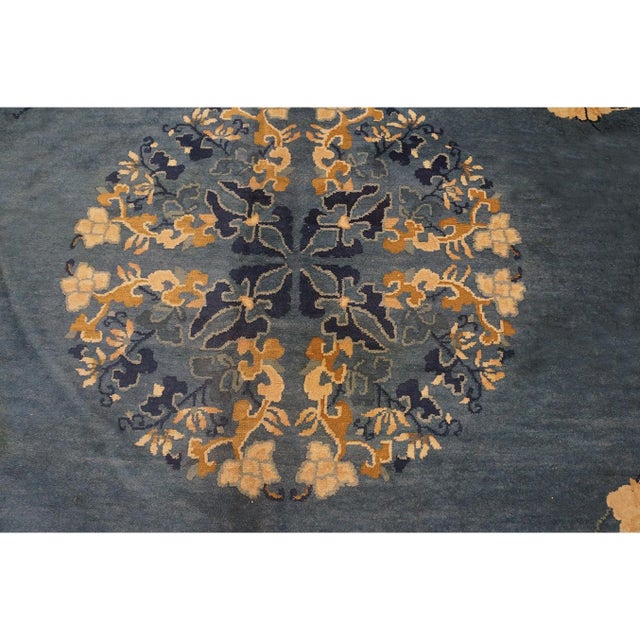 Traditional Medallion Floral Blue Field 1920s Antique Chinese Rug 10'3" X 13'9" For Sale In New York - Image 6 of 9