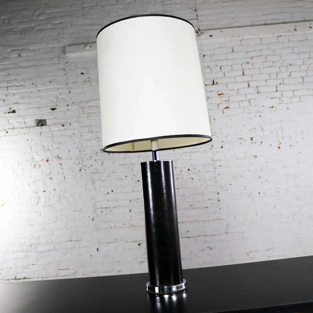 Mid-Century Modern Mid 20th Century Chrome & Black Faux Leather International Style Cylindrical Table Lamp After Walter Von Nessen For Sale - Image 3 of 13