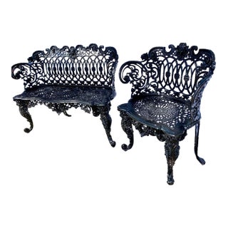 Early 20th Century Victorian Betsy Ross Pattern Cast Iron Garden Settee & Armchair, Set of 2 For Sale