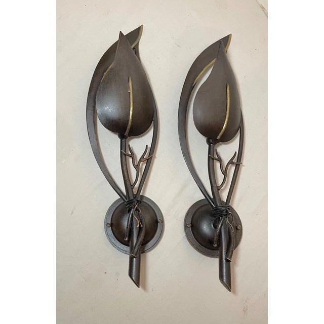 Italian Contemporary Pair of Handmade Italian Bronze Patinated Cast Iron Leaf Wall Sconce Fixtures For Sale - Image 3 of 18