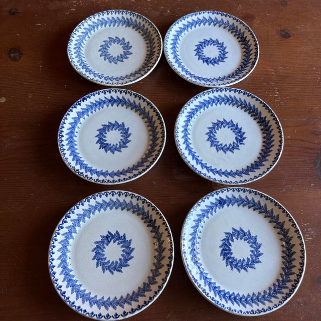 Set of 6 Antique Blue Stick Spatter Fern Plates, 8", Late 19th Century For Sale - Image 12 of 18