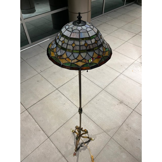 American Arts & Crafts Scrolled Leg Gilt Iron Floor Lamp & Slag Glass Shade Manner of Bradley Hubbard - a Pair For Sale - Image 9 of 13
