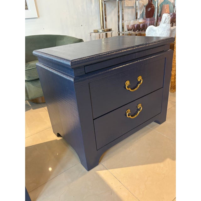 Navy Blue Vintage Pair Harrison Van Horn Grasscloth Navy Blue Pagoda Night Stands Chests For Sale - Image 8 of 11