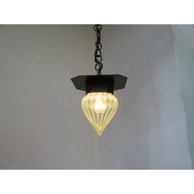 Small Antique Art Nouveau Wrought Iron and Glass Ceiling Lamp For Sale - Image 6 of 18