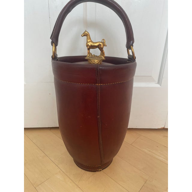 Vintage Loyal Papeete Firetruck Brown Leather Brass Eagle Handle Bar Ice Bucket For Sale - Image 4 of 12