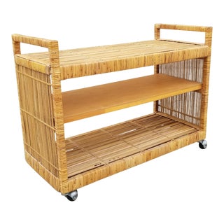 Mid Century Boho Chic Rattan Rolling Cart For Sale
